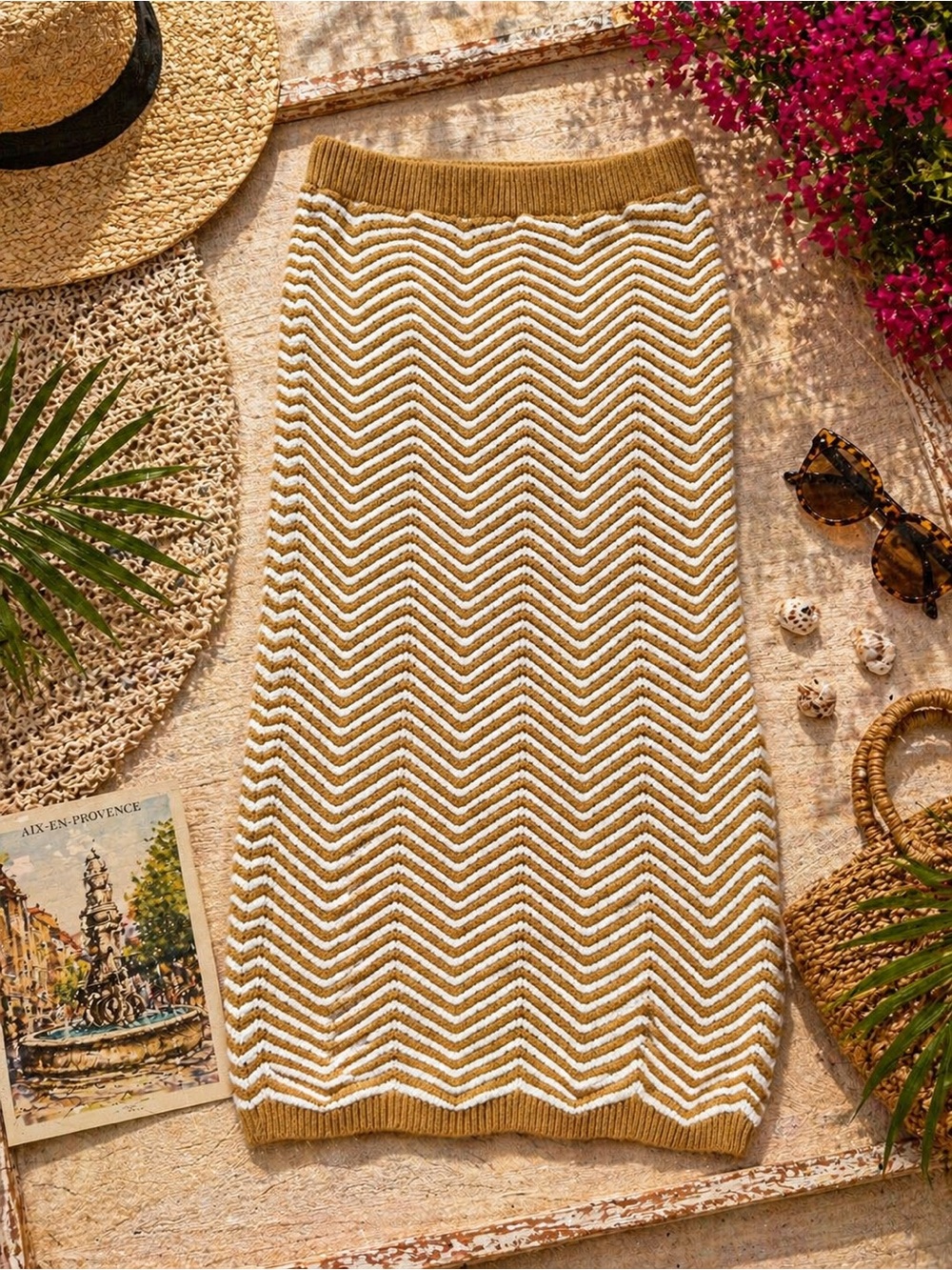 Chevron Knit Midi Skirt in Camel and Cream